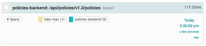Overview of a trace including fake-rbac and backend