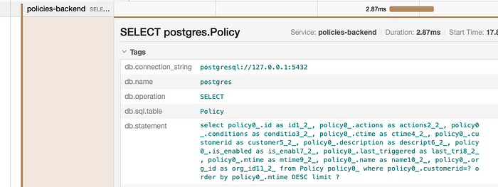 Database query details in the Jaeger UI